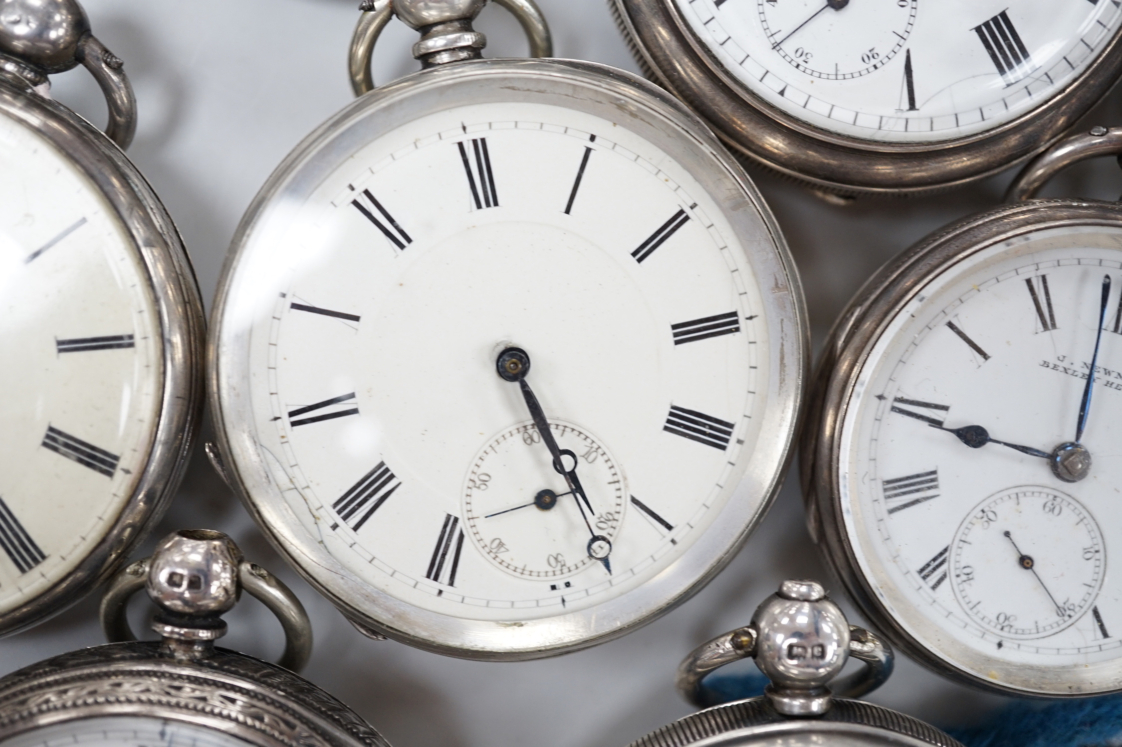 Nine assorted silver or white metal pocket watches including Joseph Stromier and John Forrest.